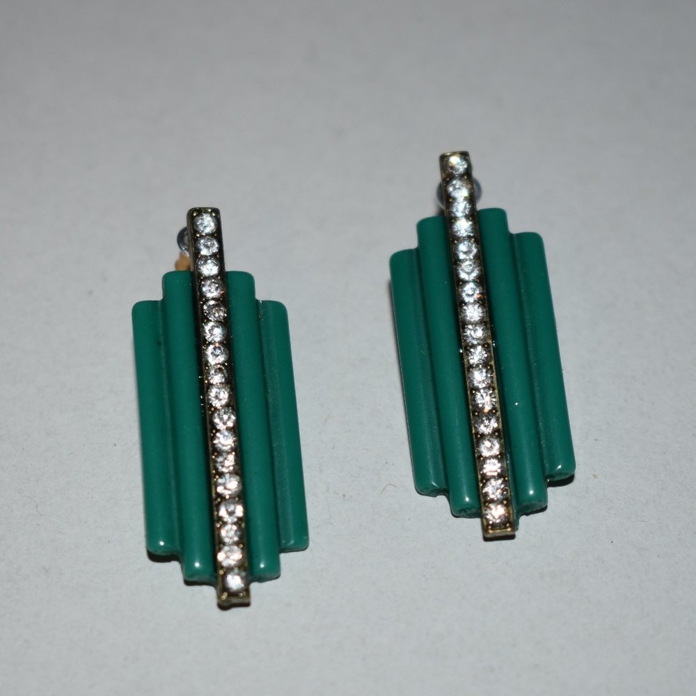 Unique art deco earrings in blue-green acetate